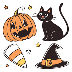 Set of cute vector Halloween elements, objects and icons. Halloween  vector set . Collection of Happy Halloween Icons. Halloween clipart . Halloween costume icons set 