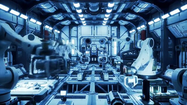 Brightly Lit Interior of Asteroid Mining Simulation Facility Featuring Array of Robotic Arms Futuristic Machinery Evoking Industrial Atmosphere Perfect for Decoration Symbolizing Technological