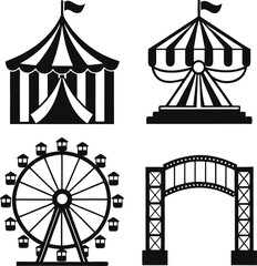 Collection of vintage circus and carnival icons including tent ferris wheel carousel and entrance arch