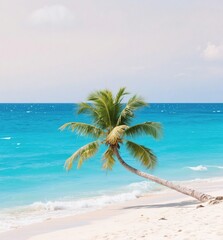 Obraz premium Tropical paradise beach with leaning palm tree over turquoise ocean water and white sand, perfect vacation destination