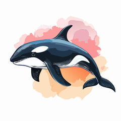 Obraz premium Stylized swimming orca with blue-black skin, white patches, and detailed line art shading.