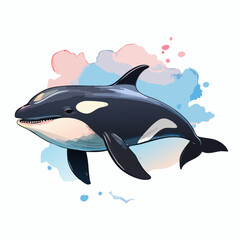 Obraz premium Artistic illustration of a smiling killer whale with classic black and white markings, swimming gracefully.