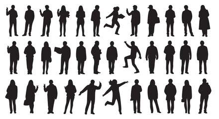Diverse Silhouettes of People in Various Poses Vector Illustration Group of Standing Walking Running and Posing Figures