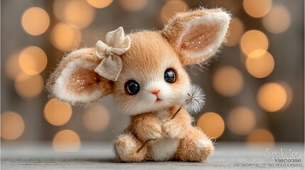 Fototapeta premium Utterly adorable, fluffy plush bunny with big, sparkling eyes and glitter-accented ears, wearing a delicate bow, gently holding a dandelion puff against a soft, dreamy bokeh light background.