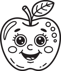 Obraz premium A cute and happy apple character with a smiling face. Black and white outline vector illustration for a coloring book.