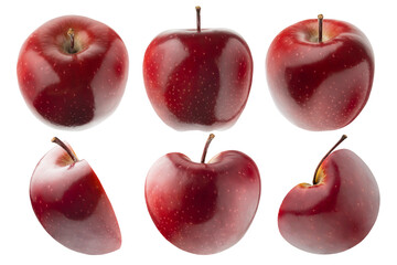 Juicy red apples rich set, whole and cut on half, with tails, different,  sides, studio shot, isolated on white background. Summer fresh natural fruits as design elements.