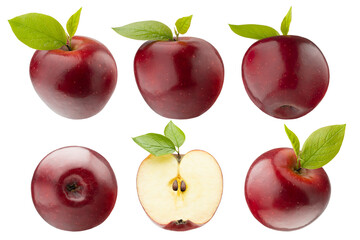 Rich glossy red apples - set of whole, cut on half, slices with green leaves, tails, seeds, different sides isolated on white background. Studio shot. Summer fresh fruits as design elements.