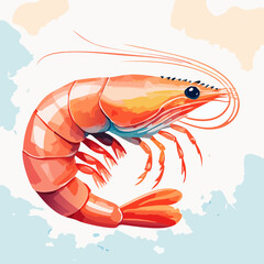 Stylized illustration of a vibrant orange shrimp with a curved, segmented body and long antennae.