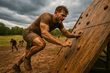 Motivated man climbing wooden wall during outdoor obstacle course