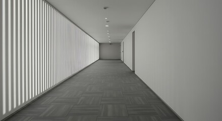Obraz premium Minimalist architectural design of a long, empty office corridor. Perspective view with patterned light from a slatted wall and tiled carpet.