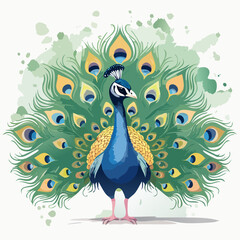 Majestic blue peacock illustration with a vibrant, fanned tail of green and yellow feathers.