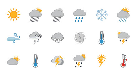 Diverse Weather Icons Set Sun, Clouds, Rain, Snow & Temperature