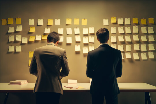 AI-Generated Image of Two Coworkers Reviewing Sticky Notes on Wall in Modern Work Environment