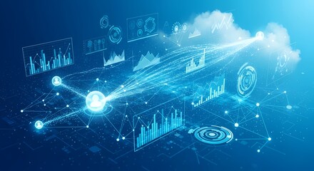 Digital Cloud Computing Network with Data Visualization Elements on Blue Background