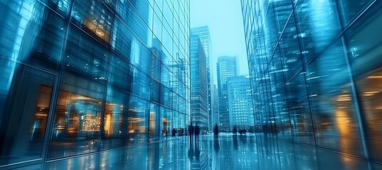 Fototapeta premium Panoramic View of Modern Skyscrapers in Financial District with Reflections on Glass Facades