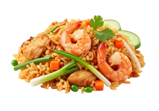 Close up of a flavorful fried rice dish with shrimp and vegetables.