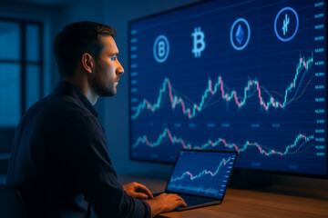 Man analyzing cryptocurrency trends on laptop and screen