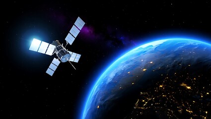 Satellite orbiting earth in space with city lights illuminating the night side providing telecommunications and broadcast services worldwide for global connectivity