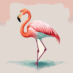 Fototapeta premium Graceful pink flamingo with a curved neck and colorful feathers, standing in water. Stylized vector illustration.