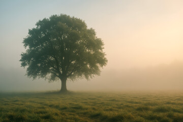 Fototapeta premium Majestic solitary tree standing in a foggy field at dawn