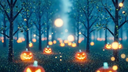 A serene autumn night scene featuring glowing jack-o'-lanterns scattered throughout a misty forest with soft lights twinkling in the background creating a magical Halloween atmosphere - Powered by Adobe