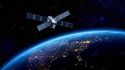 Satellite orbiting Earth providing communication and navigation services above the United States at night modern technology