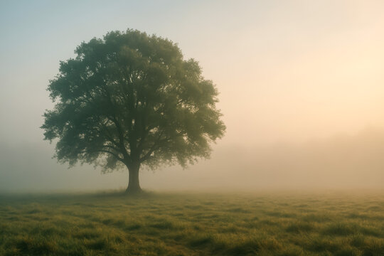 Majestic solitary tree standing in a foggy field at dawn