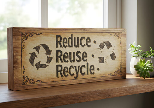 Reduce reuse recycle message on rustic wooden sign