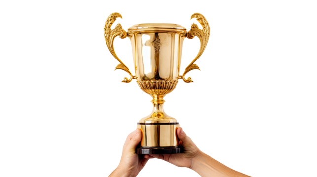 Hand holding a shiny gold trophy cup symbolizing victory success and achievement in realistic vector style isolated on white background