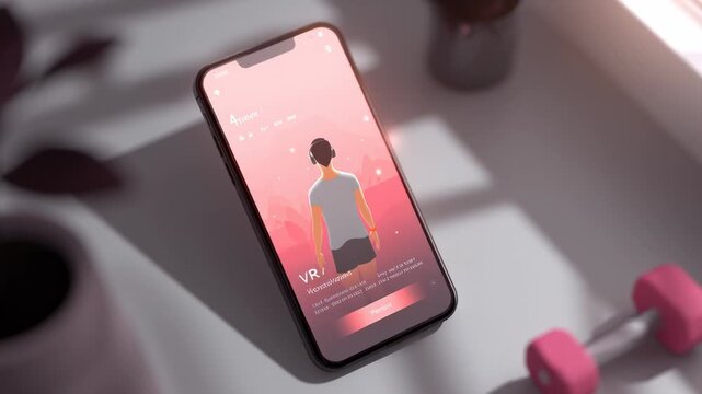 Innovative virtual reality fitness training concept on a smartphone with user engaging in workout
