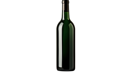 Dark green glass wine bottle with classic shape and reflective surface isolated on white background