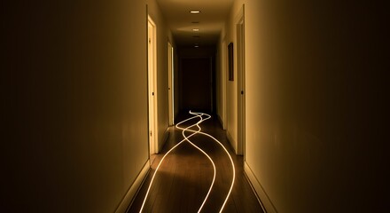Abstract trail of light flowing along a wooden floor in a dark house hallway, representing fiber optic internet and smart home technology.