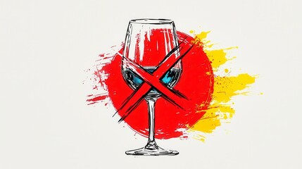 A bold minimalist graphic design depicts a crossed-out wine glass signifying abstinence or prohibition against alcohol consumption within a vibrant red and yellow abstract splash
