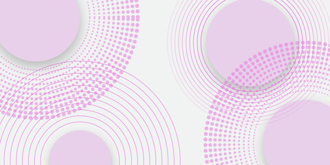 Abstract white background with pink circle rings. Spiral sound wave rhythm line and dots dynamic abstract background. Geometric website landing page or banner template modern style vector illustration