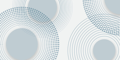 Abstract white background with blue circle rings. Spiral sound wave rhythm line and dots dynamic abstract background. Geometric website landing page or banner template modern style vector illustration
