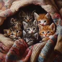Cute kittens nestled together in a cozy blanket on a cold day