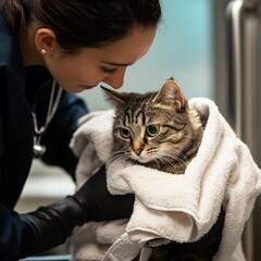 Veterinarian caring for a cat during a clinic visit in a calm and supportive environment