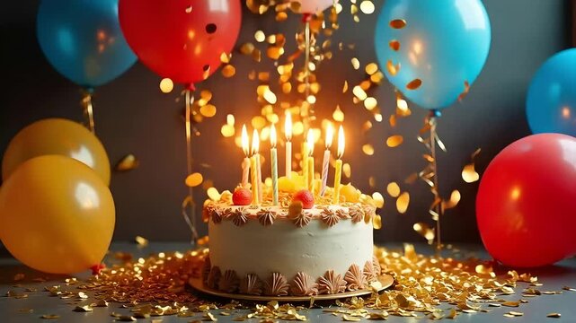 Colorful birthday party celebration with cake candles and balloons floating down to earth