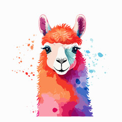 Charming watercolor llama portrait with vibrant, multicolored fur and a friendly, smiling expression.
