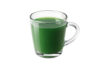 Green drink in a clear glass mug.