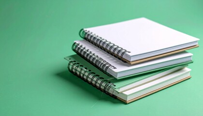 Stacked Spiral Notebooks on Green Background Representing Clean Slate, Scholarly Precision, and the Calm Readiness of Academic Beginnings in Minimalist School Aesthetics