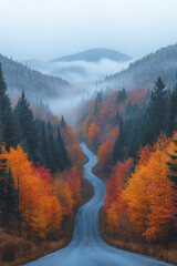 Autumn road lined with colorful trees.