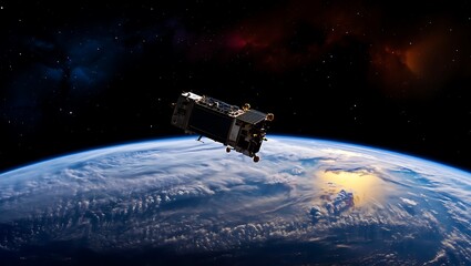Satellite orbiting Earth with clouds and starry sky offering a perspective on space exploration and technology innovation representing our scientific achievements