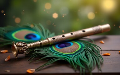 Sacred beautiful peacock feather and flute as symbol of Hindu god Lord Krishna. Krishna Janmashtami, Govardhan Puja. Indian culture and religious concept. Background with copy space for banner, poster