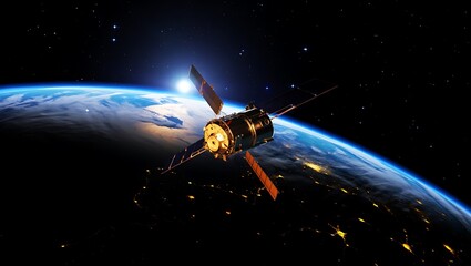 Naklejka premium Satellite orbiting Earth with solar panels and city lights visible at night time aerial view from space