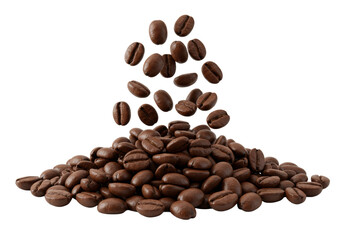 Naklejka premium Numerous freshly roasted coffee beans, oily, textured, dynamic fall and pile, on a pristine transparent studio background with ample negative space, bright shadowless lighting. Concept for high-end