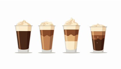 Iced coffee drinks in glasses in flat style on white background