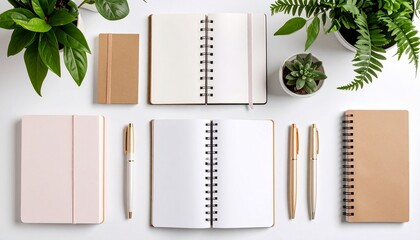 Serene Study Scene with Spiral Notebook, Pens, and Green Leaves, Blending Organic Calm and Academic Focus on a Neutral Canvas