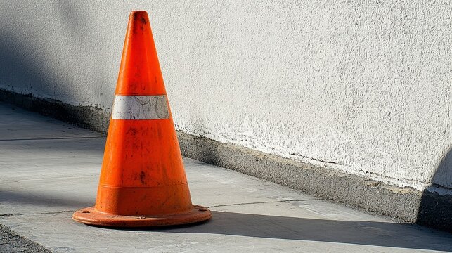 A single, vibrant orange traffic cone stands alone against a stark white wall casting a distinct shadow on the light grey pavement creating a minimalist yet striking image.