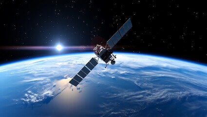 Obraz premium Satellite orbiting Earth with solar panels deployed showcasing technological marvel and advancements in space exploration and communication systems